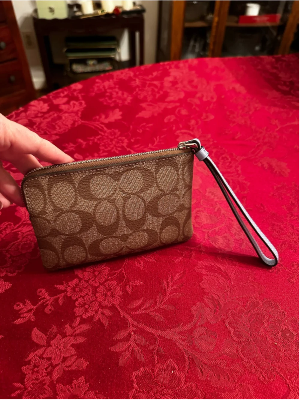Coach Signature Brown & Blue Coated Canvas Wristlet